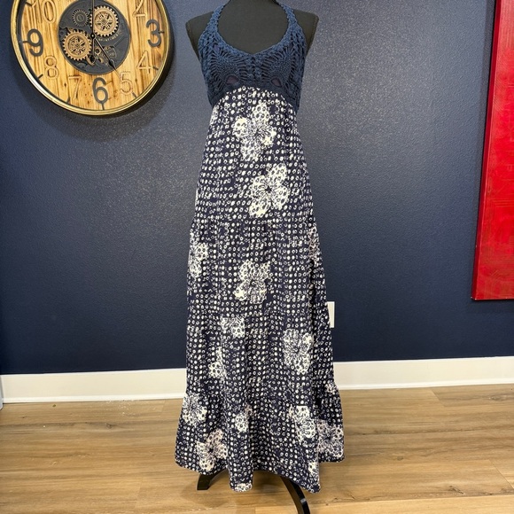 John Robshaw for Lucky White and Blue Crochet Halter Maxi Dress, Medium - Picture 3 of 11